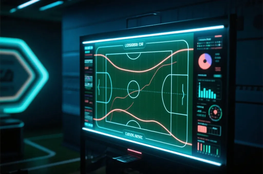 Detailed sports tactical board with digital analytics overlay, glowing lines, professional sports broadcast style
